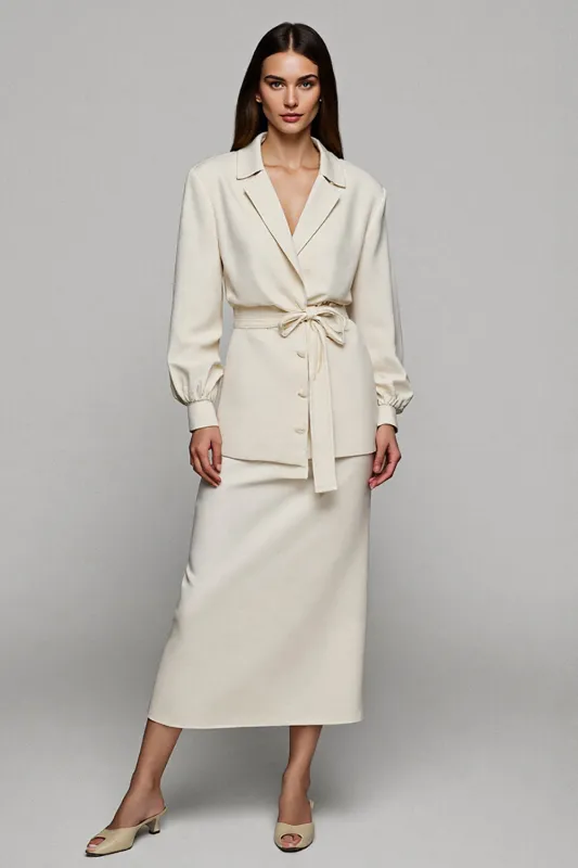 Ivory V Neck 2-Piece Sheath Midi Work Dress sold by Zapaka