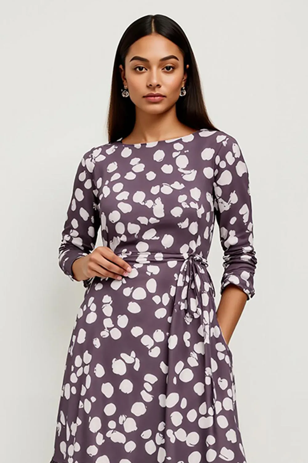 Polka Dots Dark Purple A Line Ruffle Hem Work Dress sold by Zapaka product image thumbnail 3