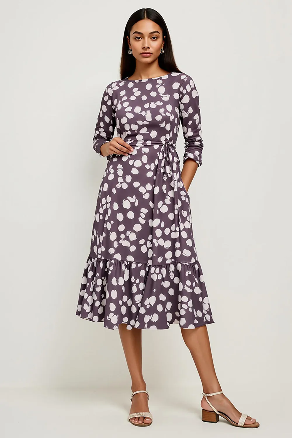 Polka Dots Dark Purple A Line Ruffle Hem Work Dress sold by Zapaka