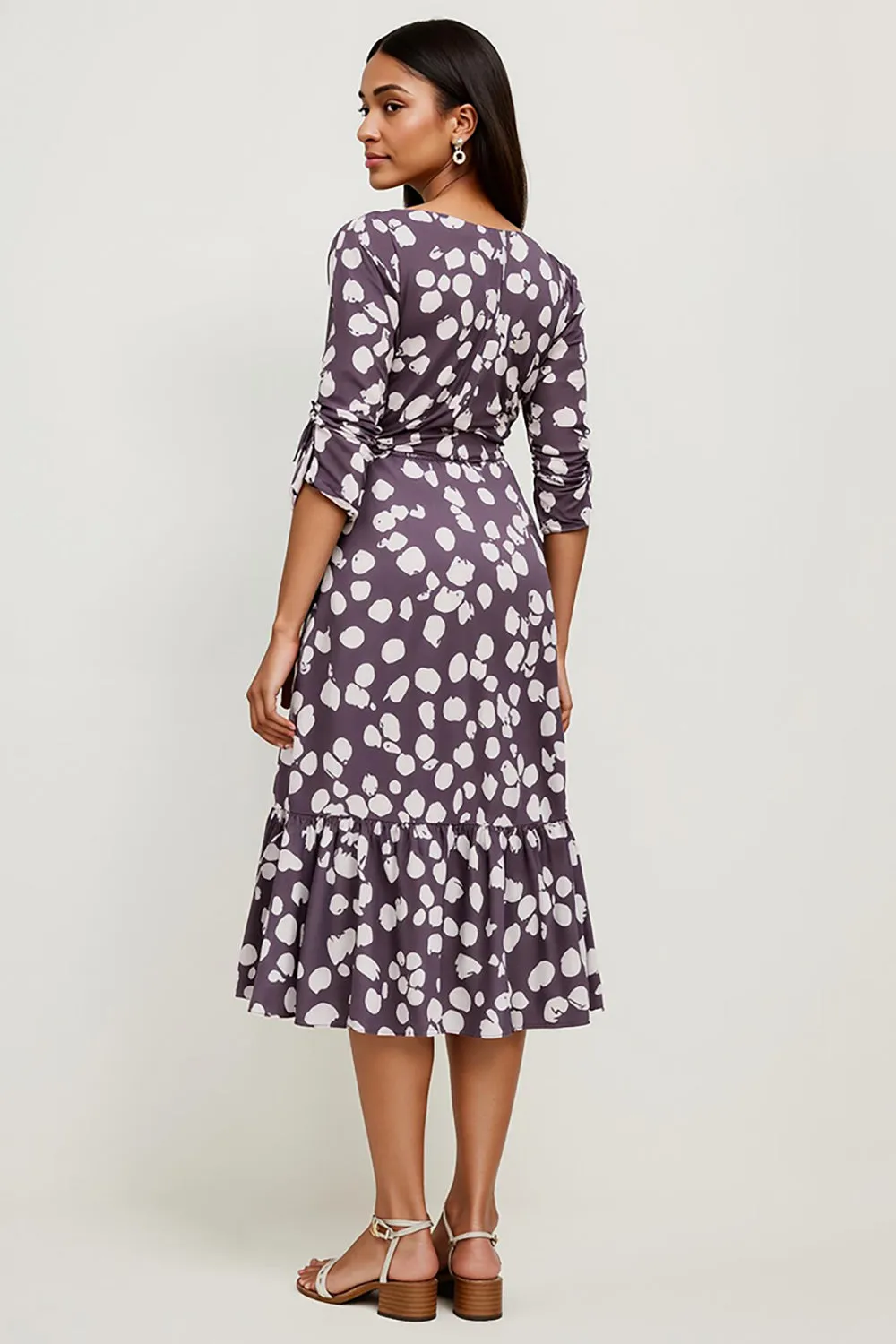 Polka Dots Dark Purple A Line Ruffle Hem Work Dress sold by Zapaka product image thumbnail 2