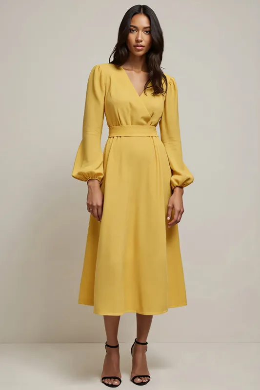 V Neck A Line Yellow Midi Work Dress sold by Zapaka