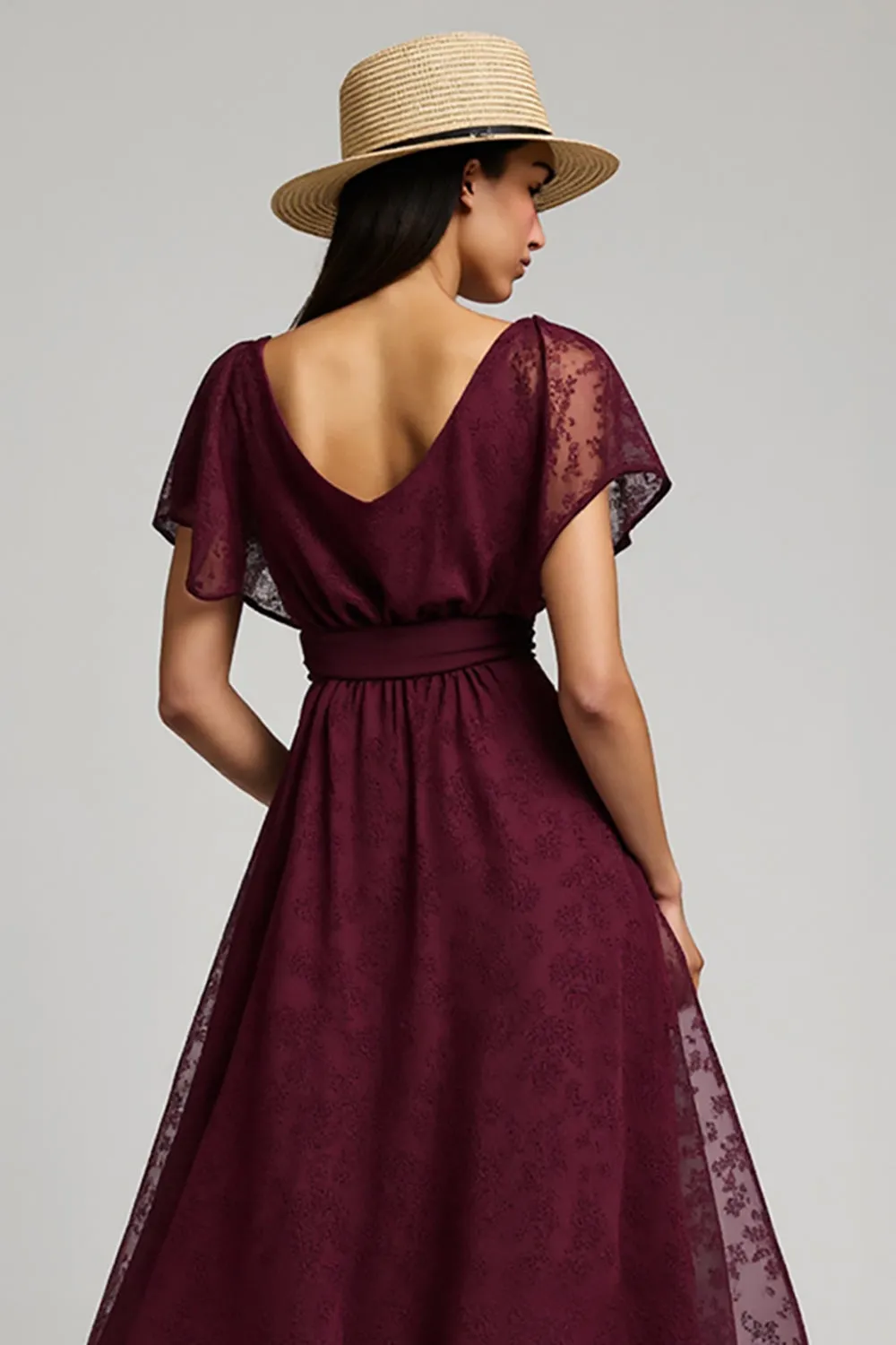 Burgundy A Line Lace Midi Work Dress sold by Zapaka product image thumbnail 4