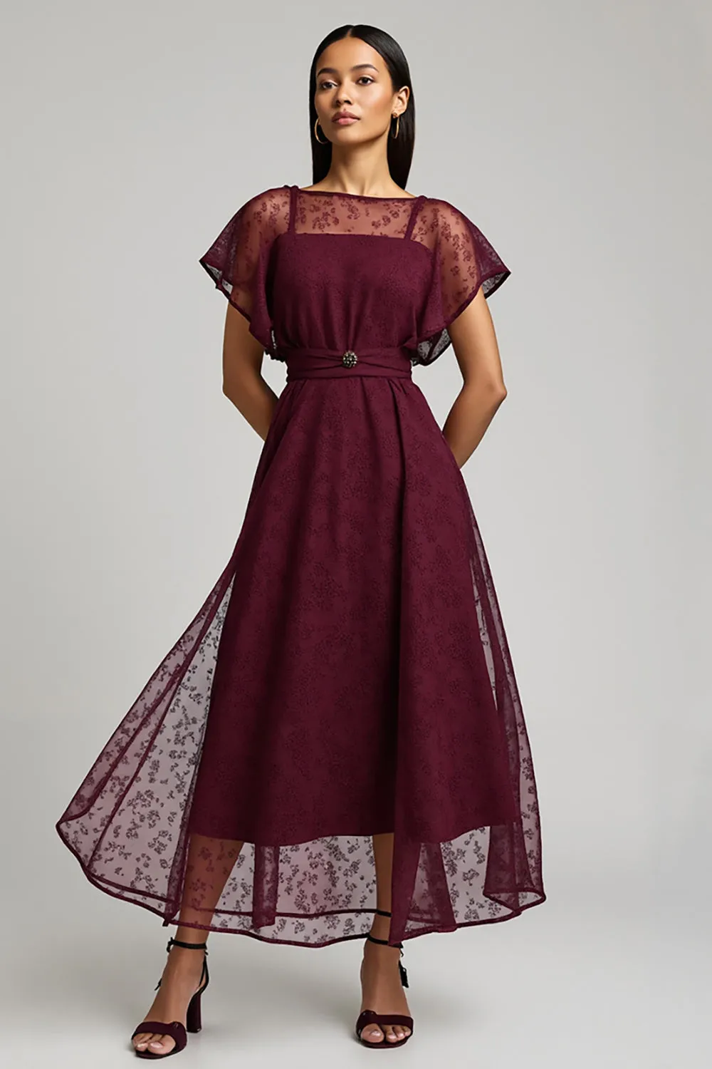 Burgundy A Line Lace Midi Work Dress sold by Zapaka