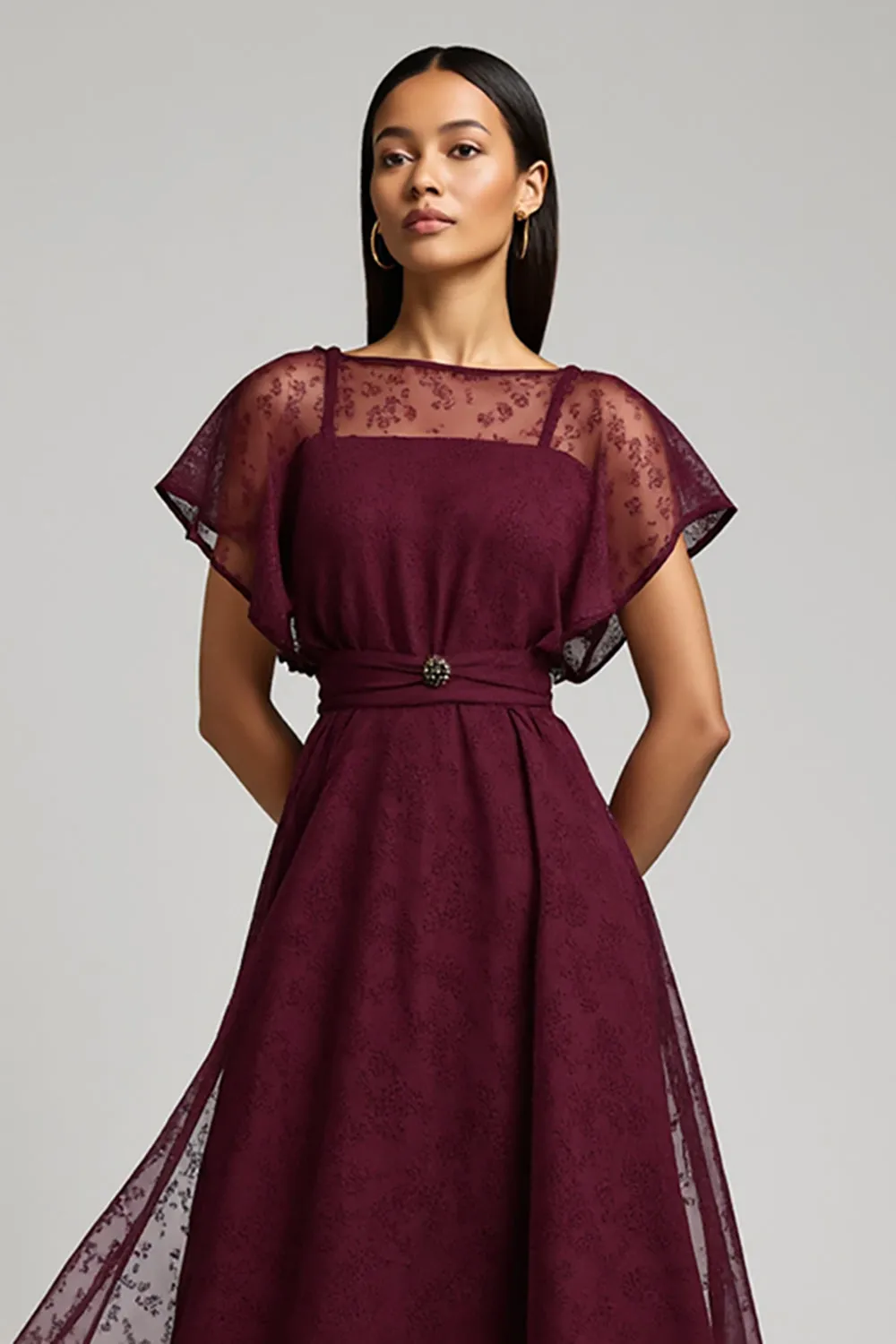 Burgundy A Line Lace Midi Work Dress sold by Zapaka product image thumbnail 3