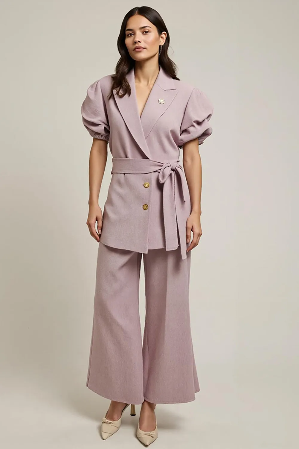 Grey Pink 2 Piece V Neck Work Dress with Belt sold by Zapaka