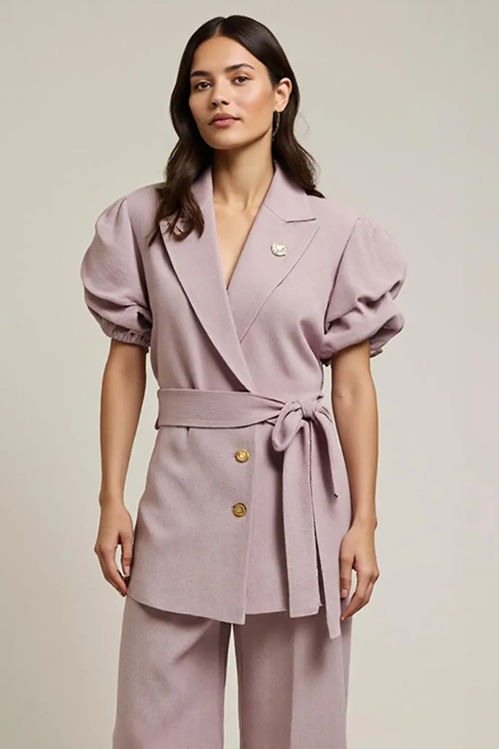 Grey Pink 2 Piece V Neck Work Dress with Belt sold by Zapaka product image thumbnail 3