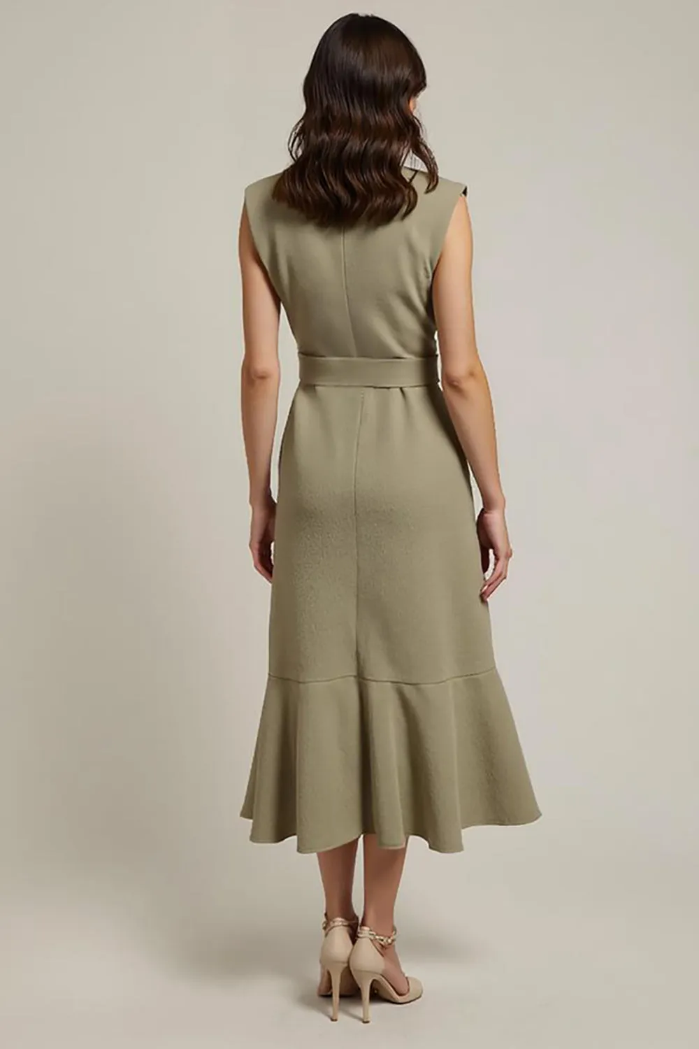 Ruffled Hem Grey Green V Neck Work Dress sold by Zapaka product image thumbnail 2