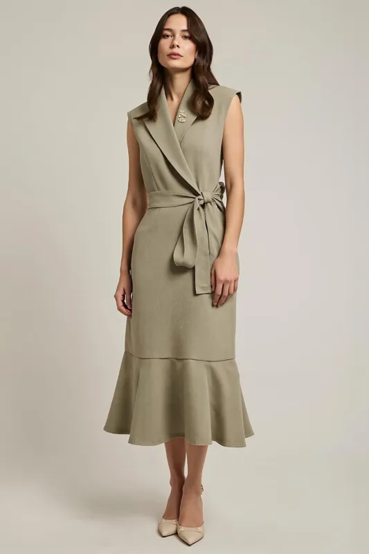Ruffled Hem Grey Green V Neck Work Dress sold by Zapaka