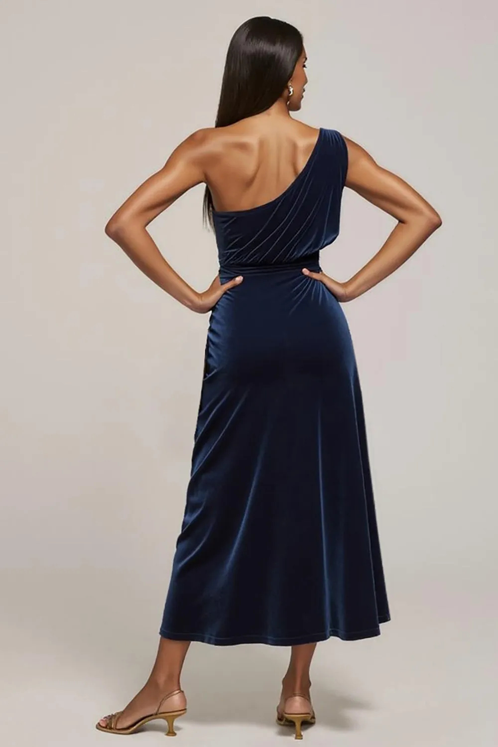 Navy Velvet One Shoulder Ruched Work Dress with Slit sold by Zapaka product image thumbnail 2