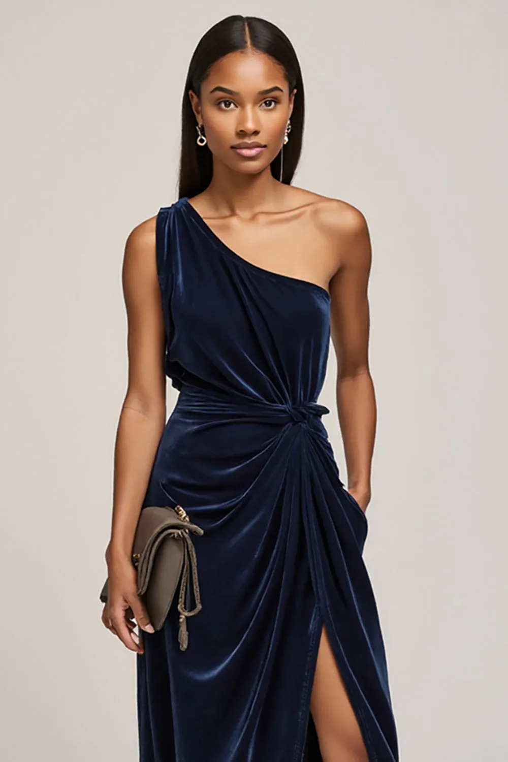 Navy Velvet One Shoulder Ruched Work Dress with Slit sold by Zapaka product image thumbnail 3