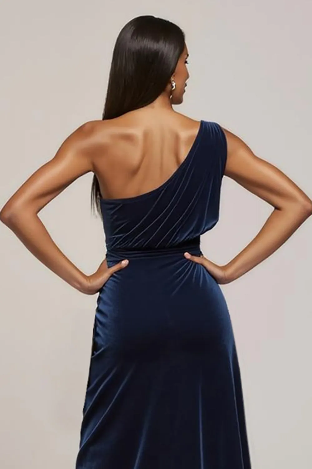 Navy Velvet One Shoulder Ruched Work Dress with Slit sold by Zapaka product image thumbnail 4