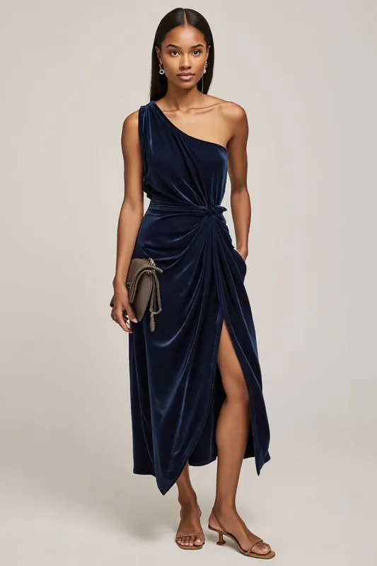 Navy Velvet One Shoulder Ruched Work Dress with Slit sold by Zapaka
