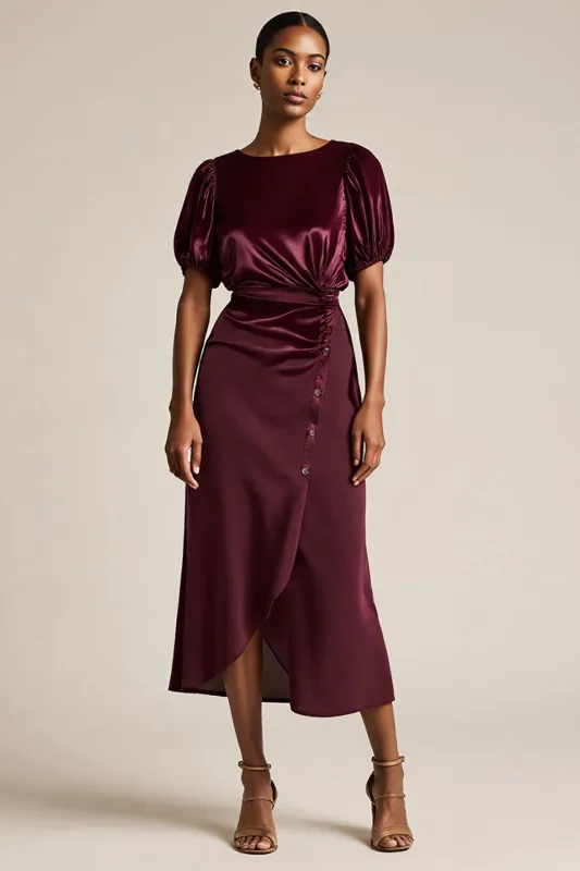 Burgundy Bodycon Ruched Tea Length Work Dress with Sleeves sold by Zapaka