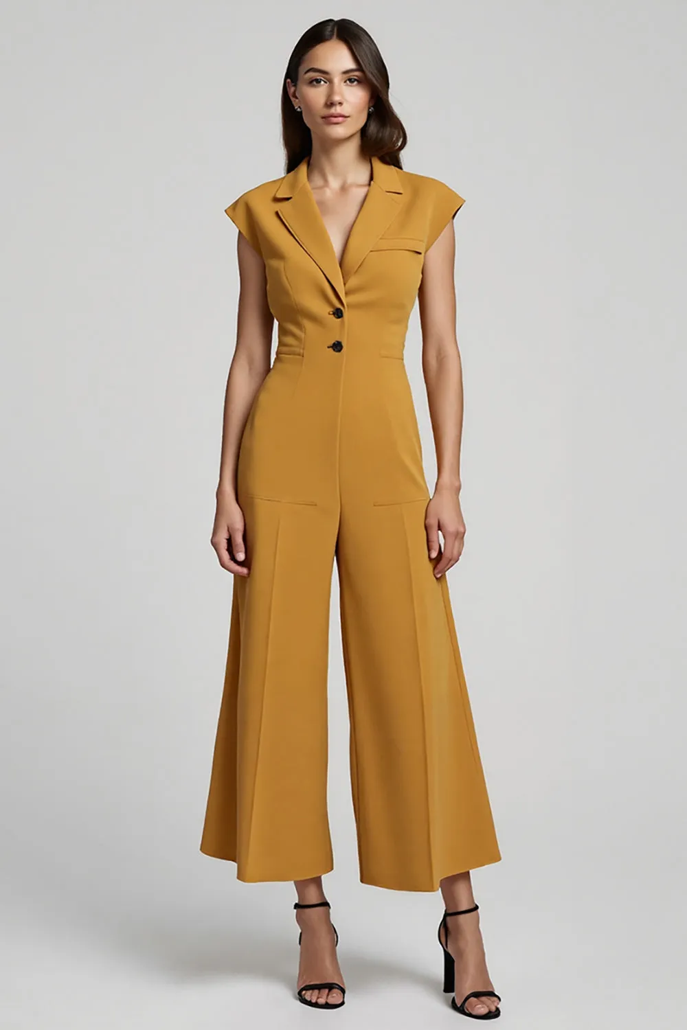 Yellow Satin Notched Lapel Work Jumpsuits sold by Zapaka