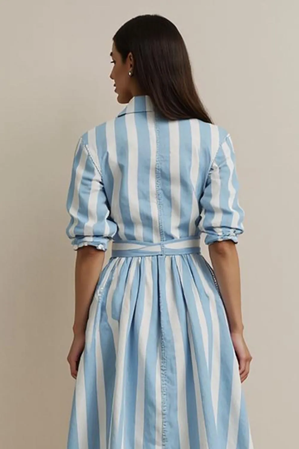 Blue Striped Collar Neck Work Dress with Sleeves sold by Zapaka product image thumbnail 4