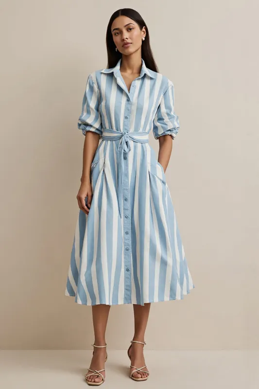 Blue Striped Collar Neck Work Dress with Sleeves sold by Zapaka