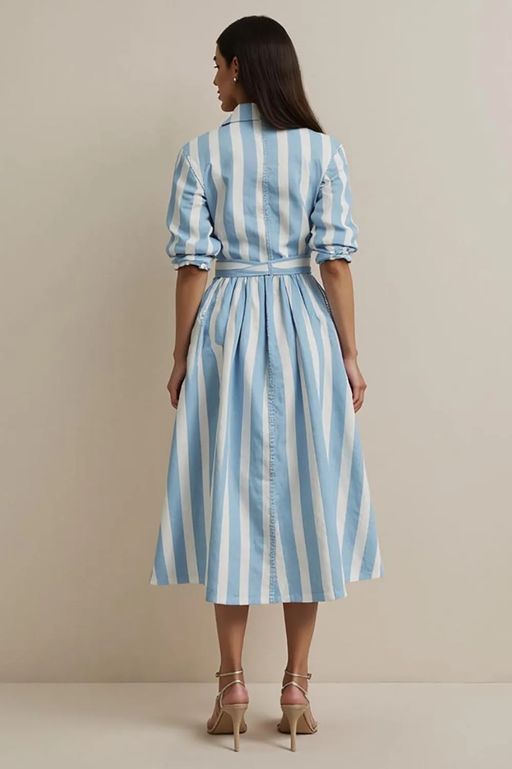 Blue Striped Collar Neck Work Dress with Sleeves sold by Zapaka product image thumbnail 2