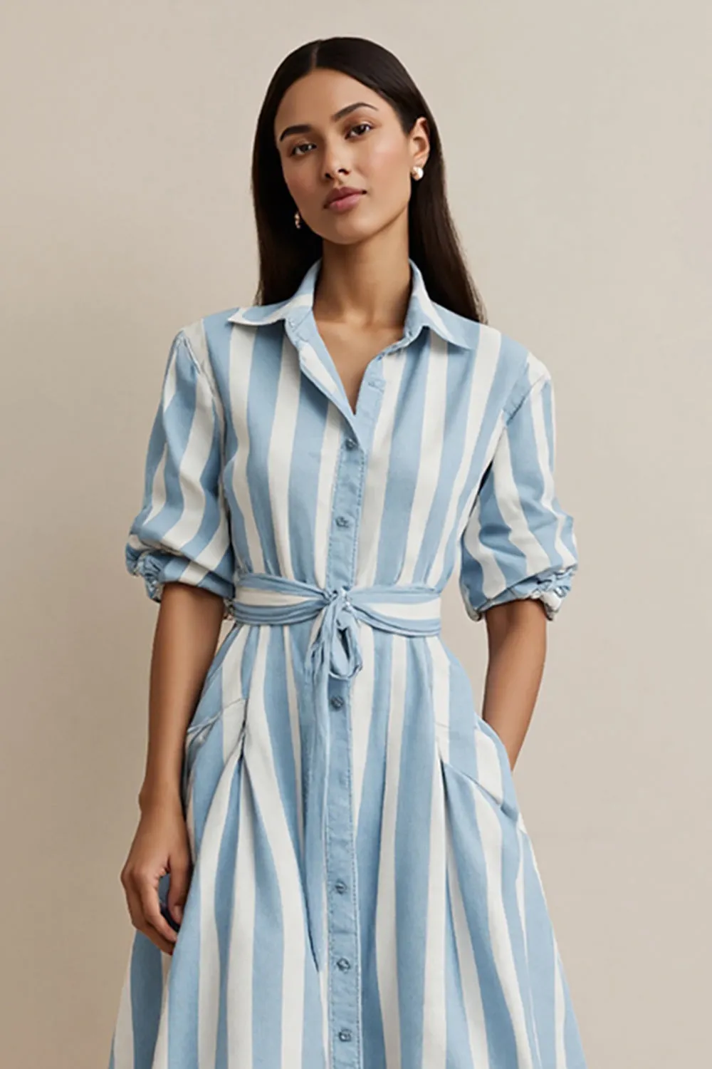 Blue Striped Collar Neck Work Dress with Sleeves sold by Zapaka product image thumbnail 3