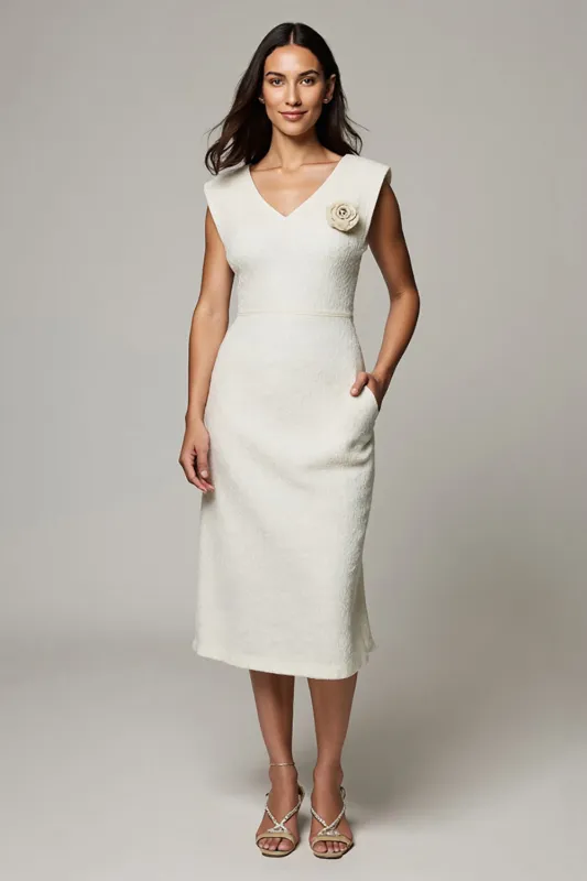 White Bodycon V-Neck Work Dress with 3D Flower sold by Zapaka