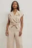Khaki Notched Lapel Work Jumpsuits with Sleeves sold by Zapaka