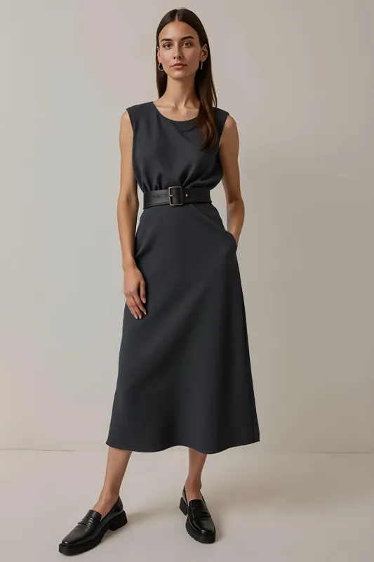 Navy A Line Satin Tea Length Work Dress with Belt sold by Zapaka
