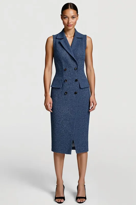 Grey Blue Bodycon Notched Lapel Midi Work Dress with Slit sold by Zapaka