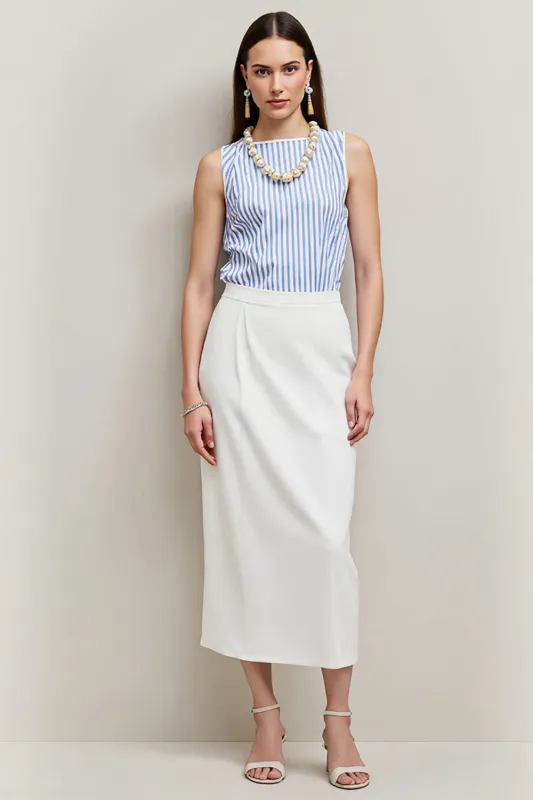 White Blue Bodycon Striped Tea Length Work Dress with Slit sold by Zapaka