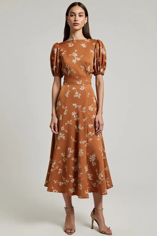 Orange Floral Printed Bateau Neck Long Work Dress With Sleeves sold by Zapaka