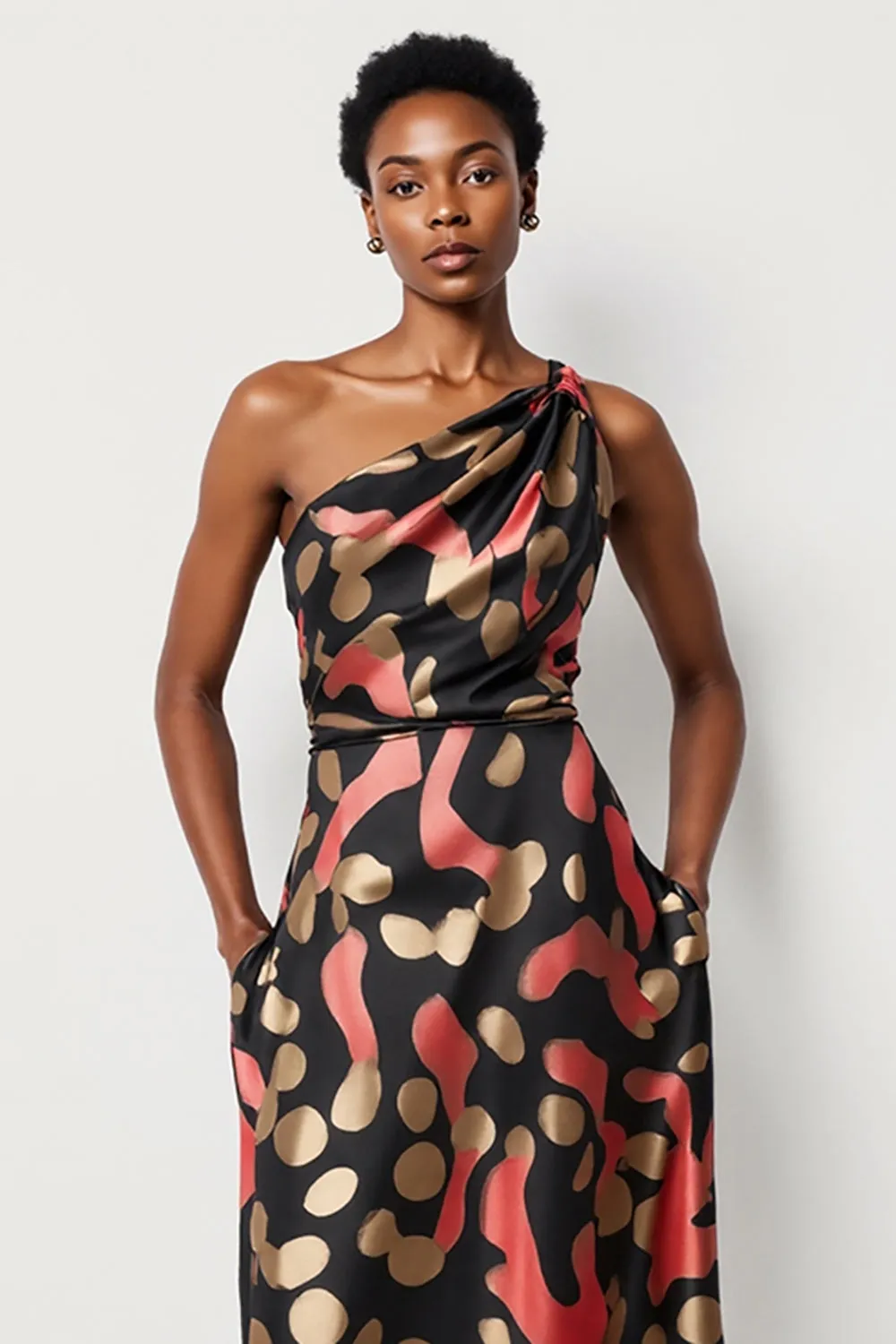 A Line Black Printed One Shoulder Long Work Dress with Pockets sold by Zapaka product image thumbnail 4
