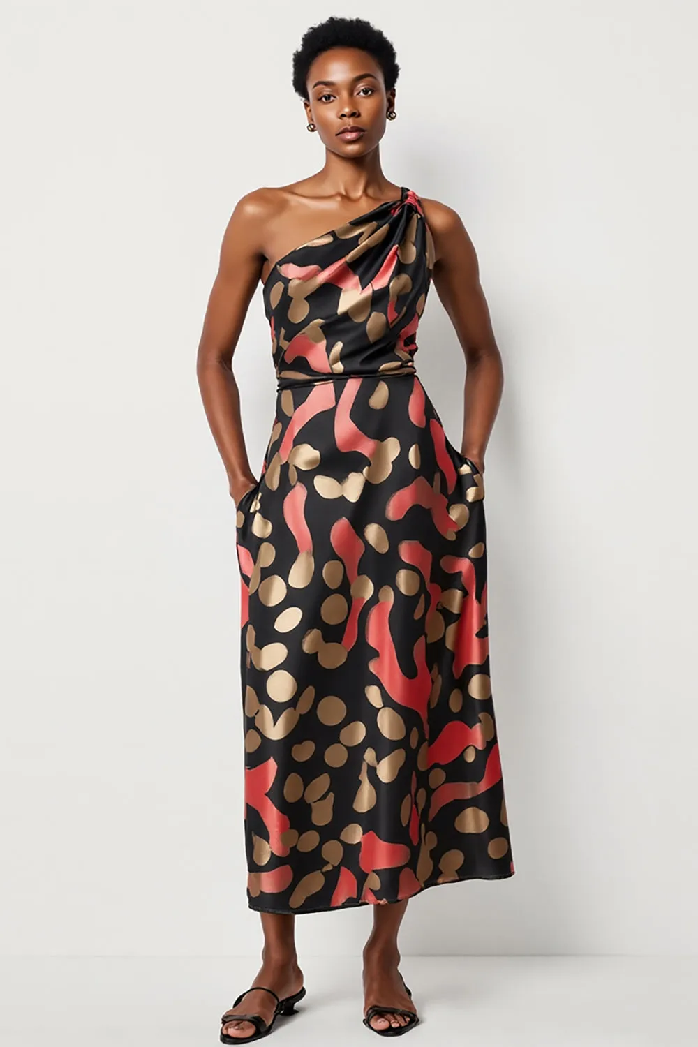 A Line Black Printed One Shoulder Long Work Dress with Pockets sold by Zapaka