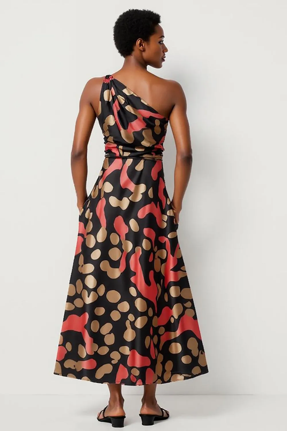 A Line Black Printed One Shoulder Long Work Dress with Pockets sold by Zapaka product image thumbnail 2