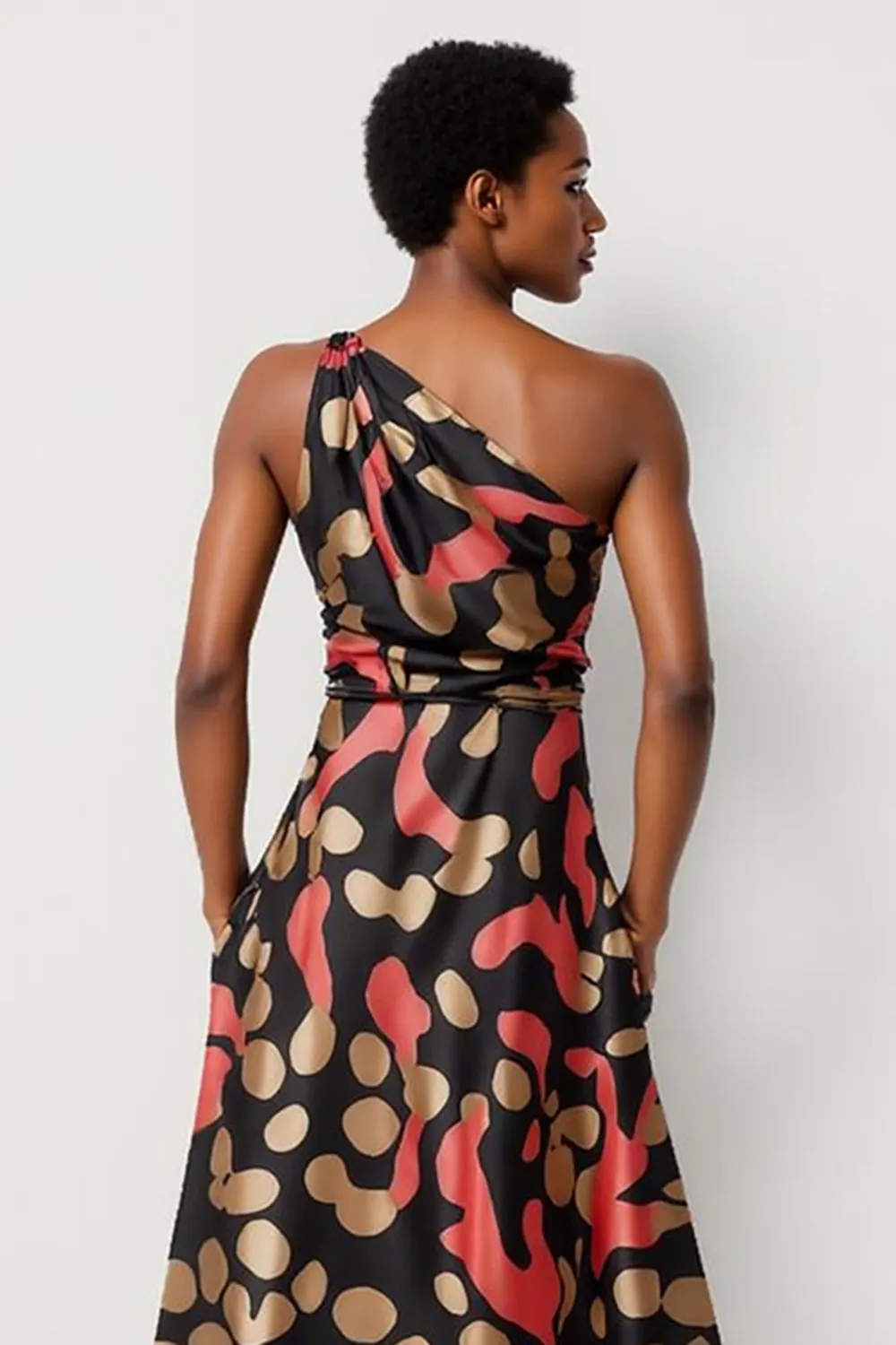 A Line Black Printed One Shoulder Long Work Dress with Pockets sold by Zapaka product image thumbnail 3
