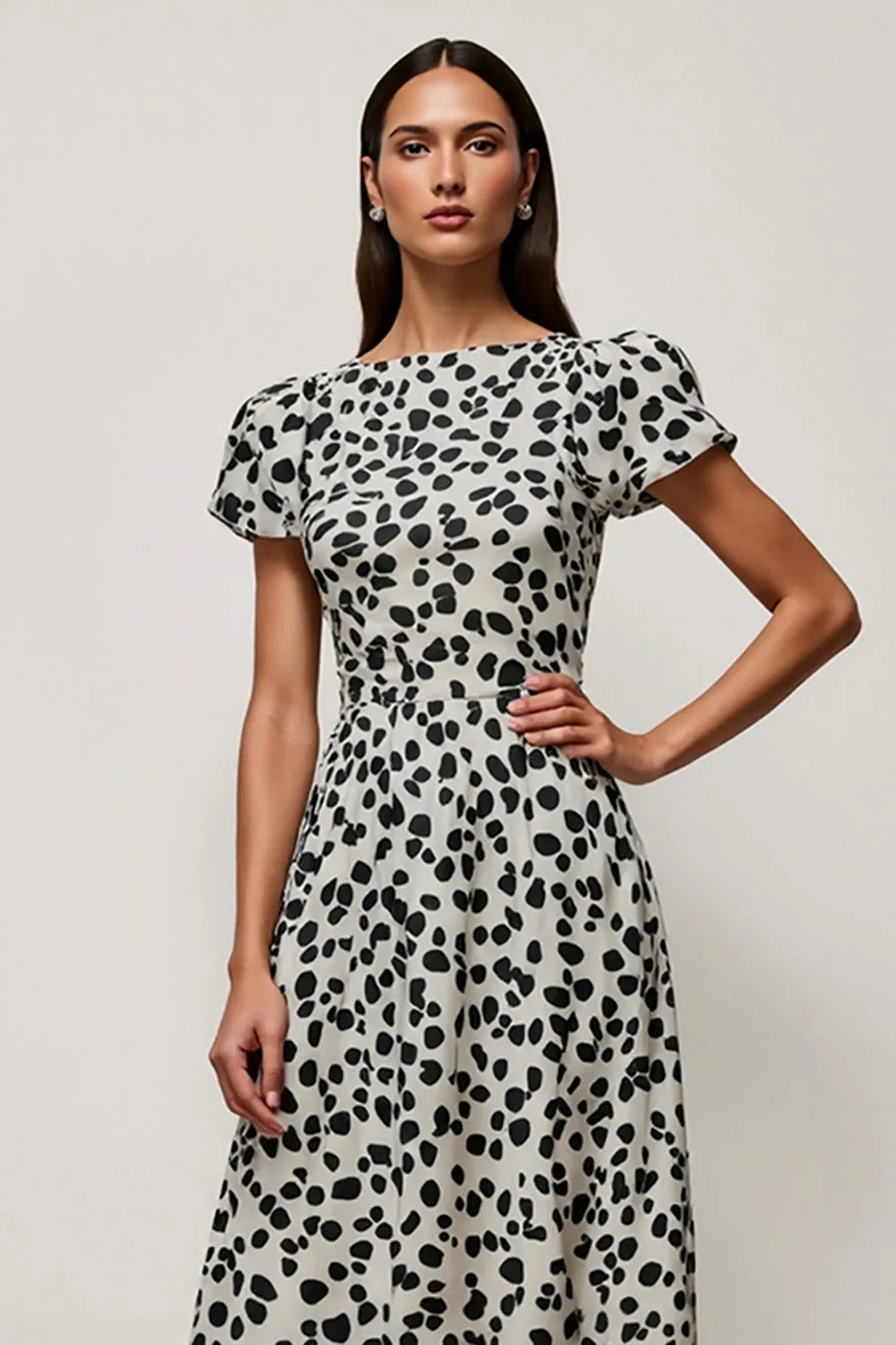 White Black Printed A Line Bateau Neck Long Work Dress sold by Zapaka product image thumbnail 3