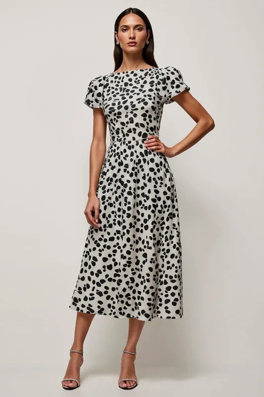 White Black Printed A Line Bateau Neck Long Work Dress sold by Zapaka