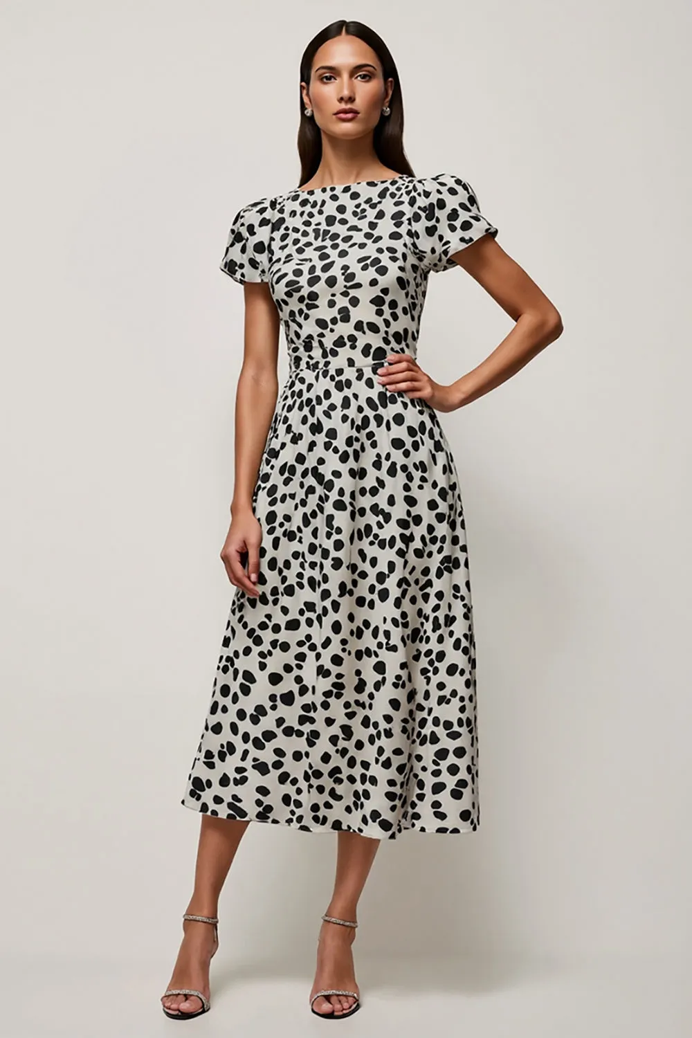 White Black Printed A Line Bateau Neck Long Work Dress sold by Zapaka