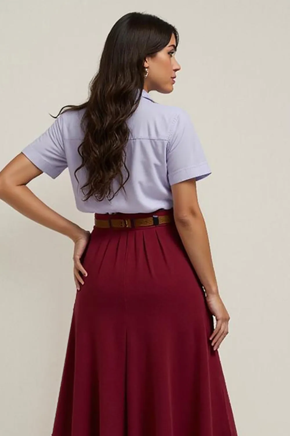 Burgundy A-Line 2-Piece Work Dress with Polo Collar sold by Zapaka product image thumbnail 4