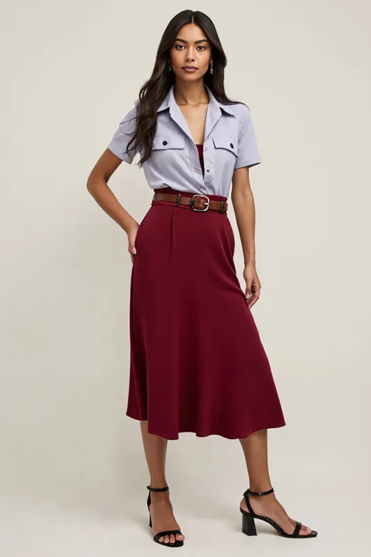 Burgundy A-Line 2-Piece Work Dress with Polo Collar sold by Zapaka
