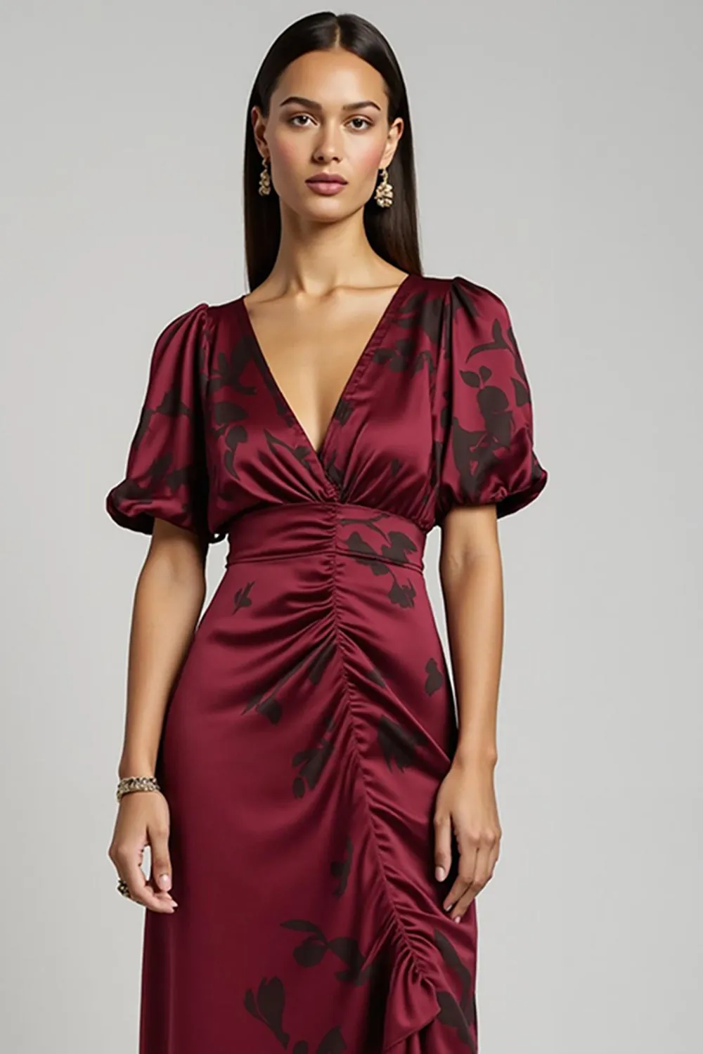 A-Line Burgundy V-Neck Ruched Work Dress sold by Zapaka product image thumbnail 3
