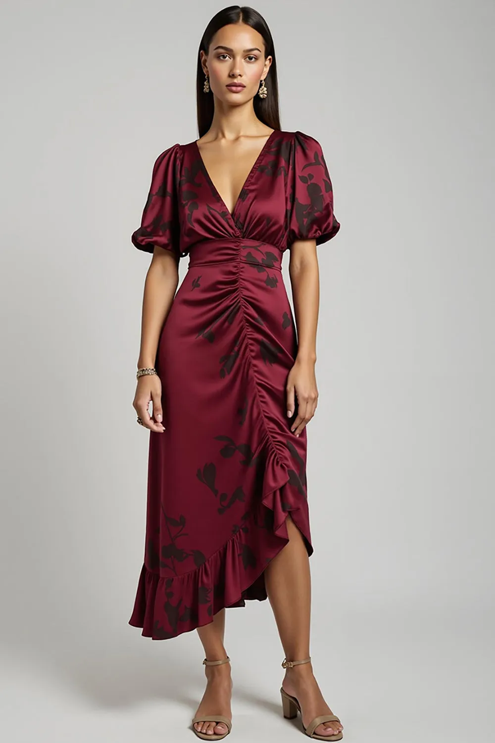 A-Line Burgundy V-Neck Ruched Work Dress sold by Zapaka