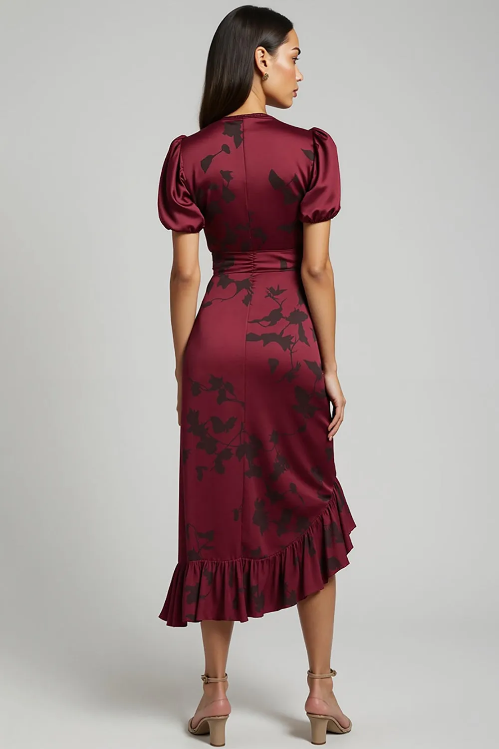 A-Line Burgundy V-Neck Ruched Work Dress sold by Zapaka product image thumbnail 2