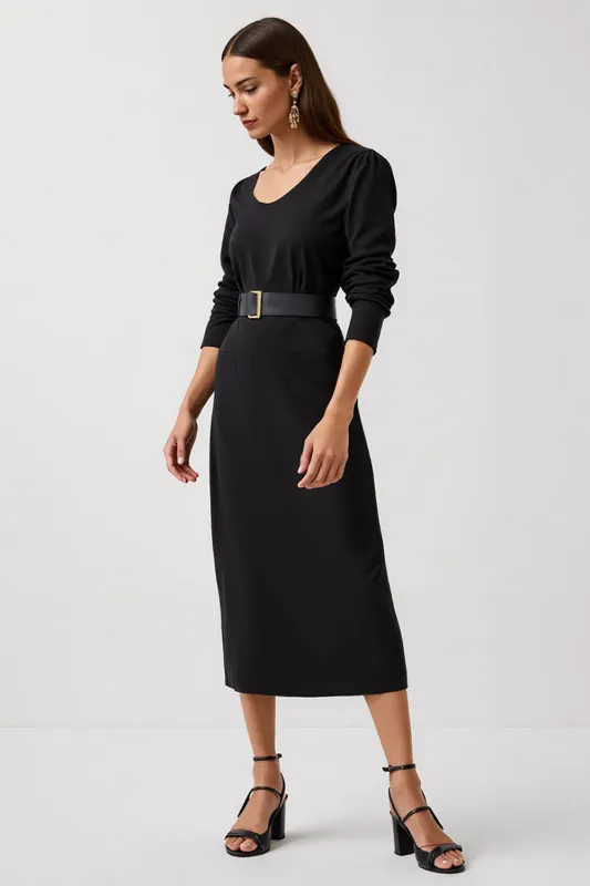 Black Round Neck Long Sleeve Work Dress with Belt sold by Zapaka