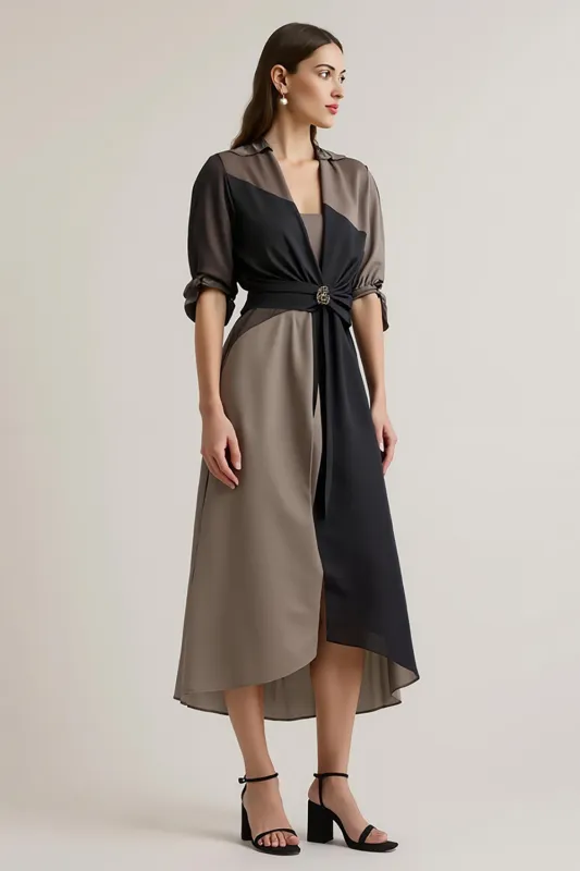 Black Printed A Line V-Neck Long Work Dress With Sleeves sold by Zapaka