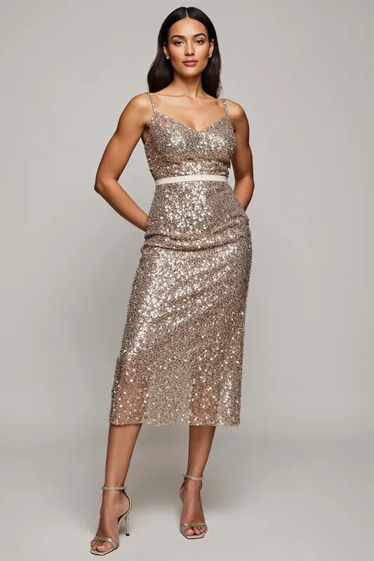 Sparkly Golden Bodycon Spaghetti Straps Long Work Dress with Sequins sold by Zapaka