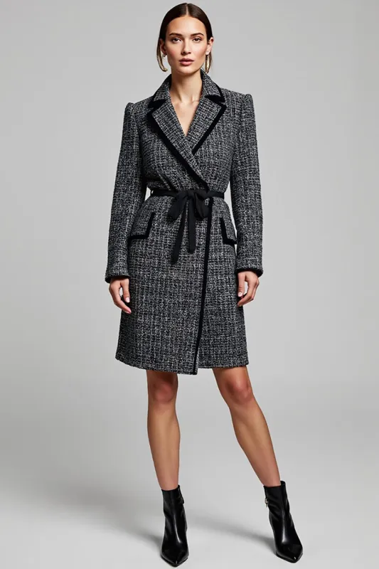 Dark Grey Tweed Notched Lapel Short Blazer Dress with Sleeves sold by Zapaka