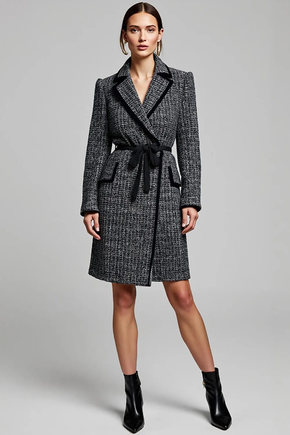 Dark Grey Tweed Notched Lapel Short Blazer Dress with Sleeves sold by Zapaka
