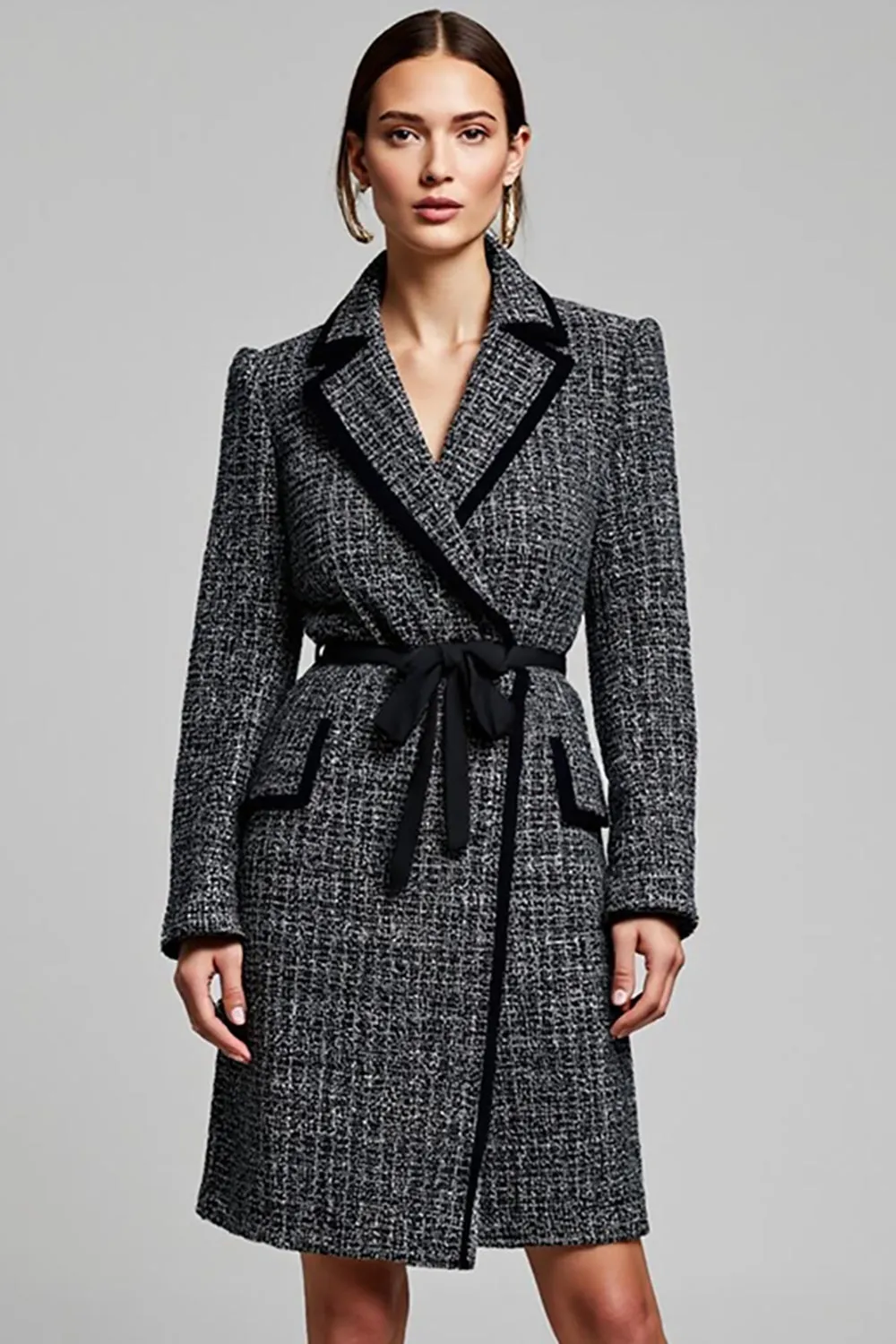 Dark Grey Tweed Notched Lapel Short Blazer Dress with Sleeves sold by Zapaka product image thumbnail 2