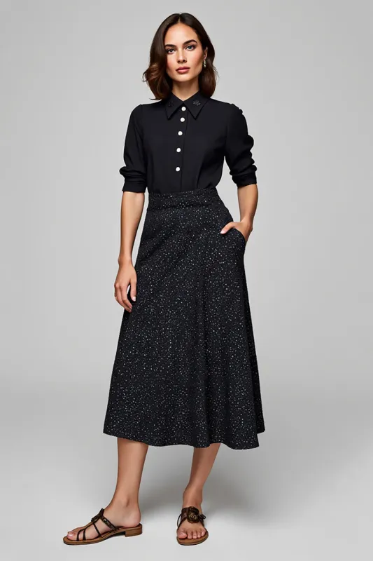 Sparkly Black Collar Neck 2 Piece Blouses and Skirt with Pockets sold by Zapaka