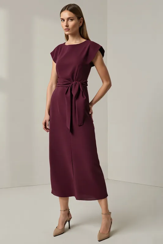 Dark Red Round Neck Pencil Long Work Dress with Sleeves sold by Zapaka