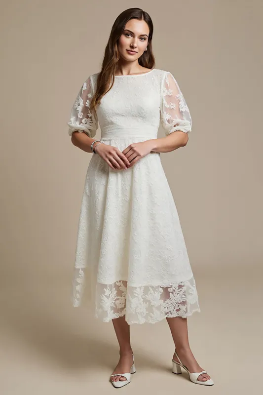 White Boat Neck A Line Midi Lace Engagement Dress with Sleeves sold by Zapaka