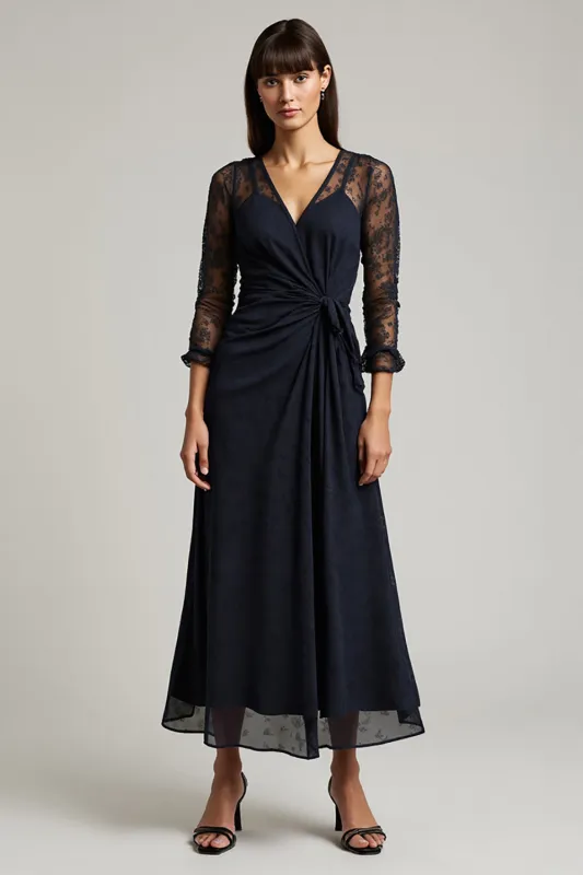 Navy A-Line V-Neck Appliques Work Dress with Sleeves sold by Zapaka